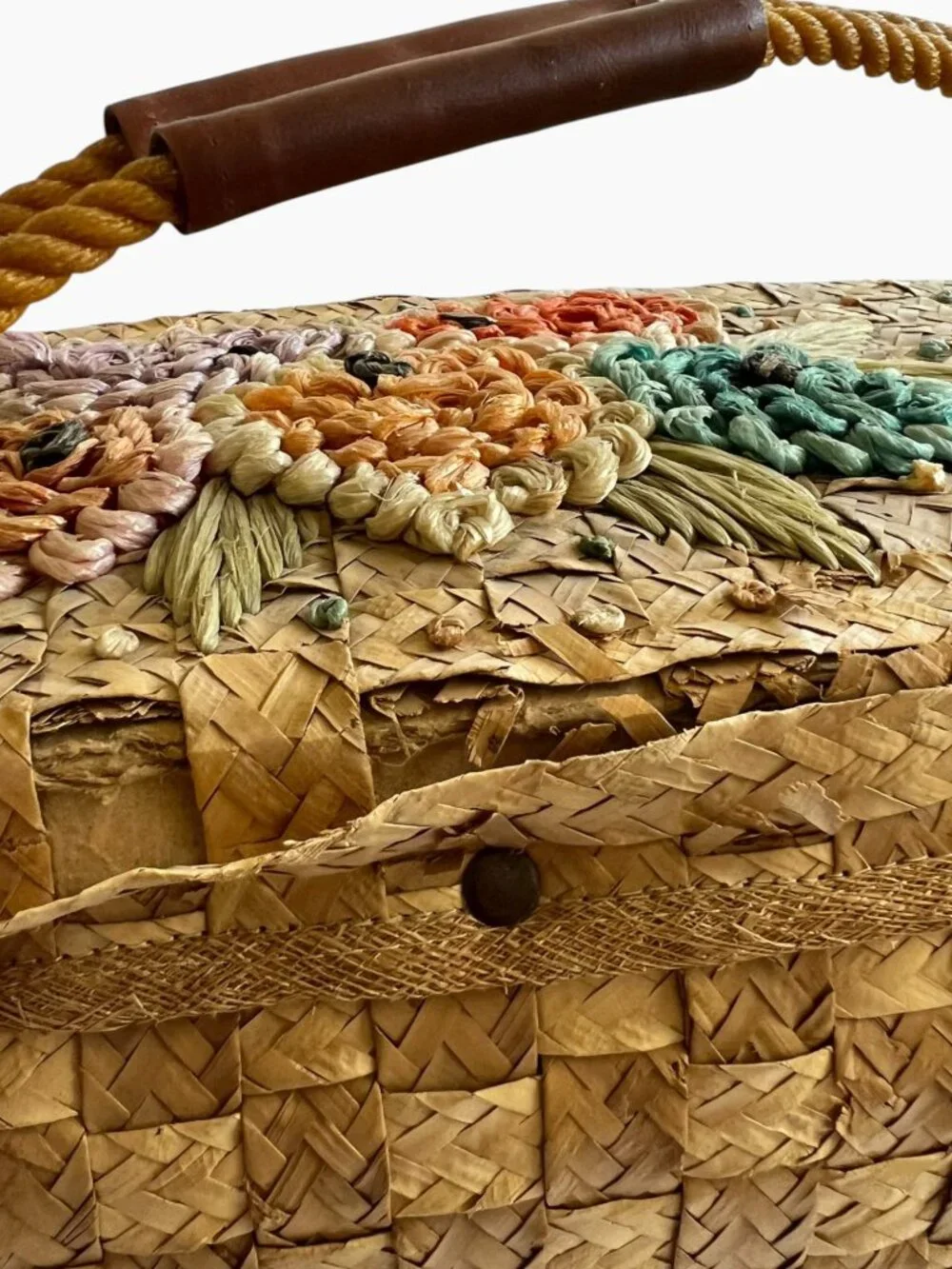 Vintage Woven Raffia Straw Floral Picnic Bag